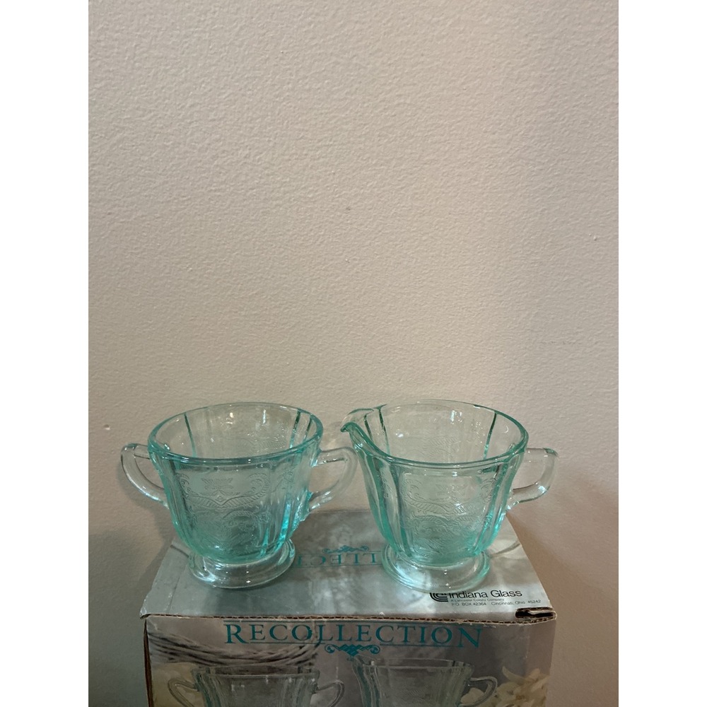 Indiana Glass Recollection Teal Madrid Cream and Sugar Set Vintage Style USA